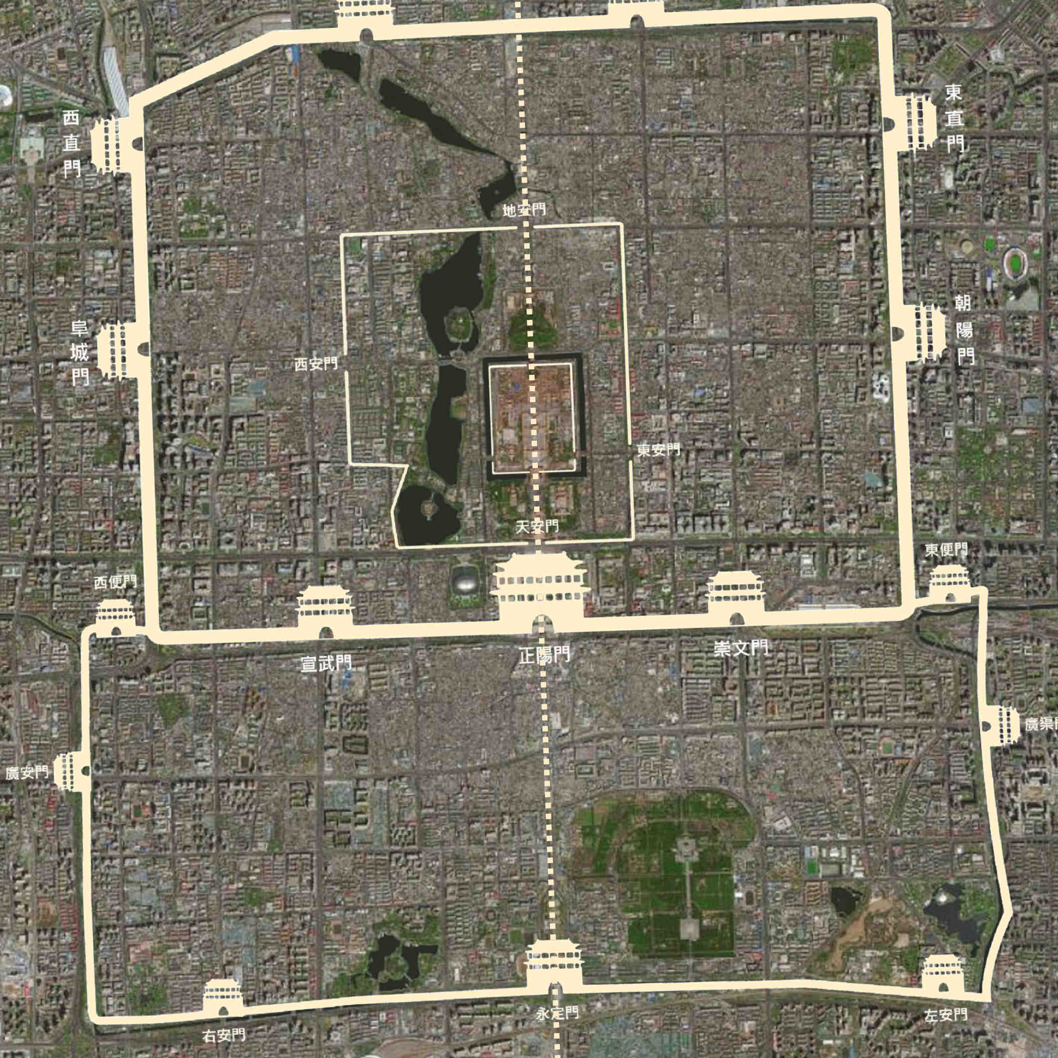 北京中軸線，南北貫穿老北京城的中心（圖為凸字形的老北京城衛星空照，與北京中軸線）。