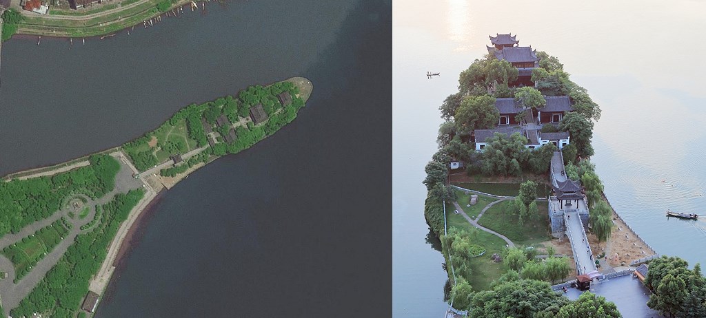 石鼓書院位在左有蒸水、右有湘江環繞的石鼓山上。左圖、右圖分別為高空、低空俯瞰影像。