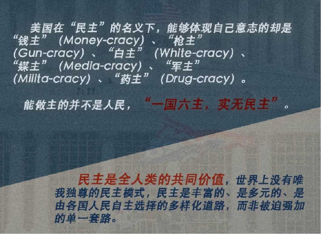 2021年12月，中國人民大學發布《十問美國民主》研究報告，並指出「在『民主』的名義下，體現美國意志的卻是『錢主』、『槍主』、『白主』、『媒主』、『軍主』和『藥主』」，「一國六主，實無民主」。
